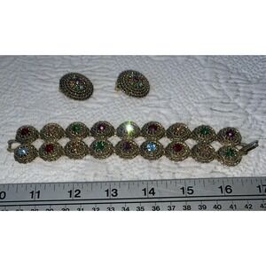 1950-60s Vintage Judy Lee Multi-color Rhinestone Bracelet 7" & Earrings Signed